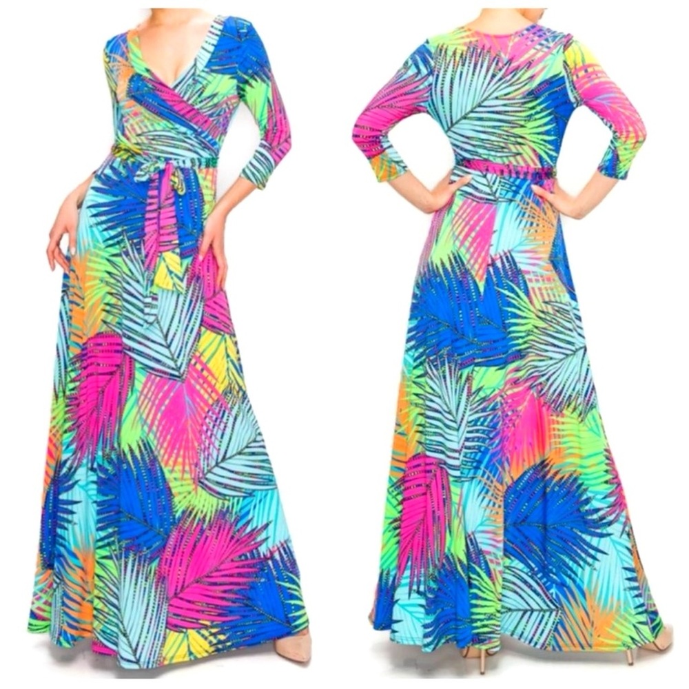 Tropical Multicolor Palm Print Faux Wrap Maxi Dress